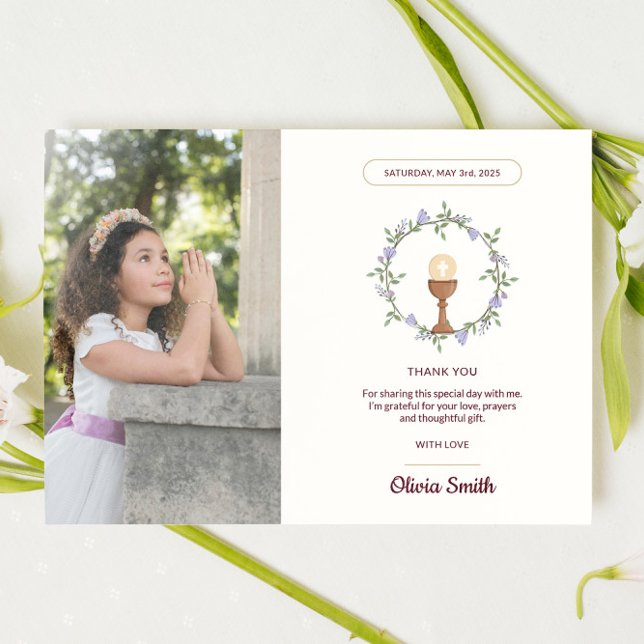 Invitation communion fleurie violette merci avec photo (Printed First Communion reminder with custom name and date)