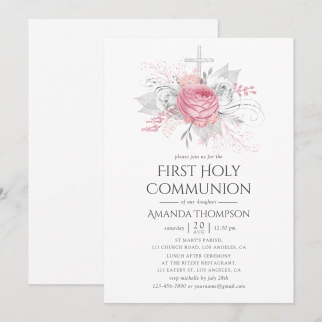Invitation Communion florale argent et rose irisé (Devant / Derrière)