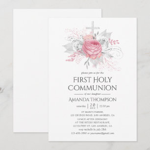 Invitation Communion florale argent et rose irisé