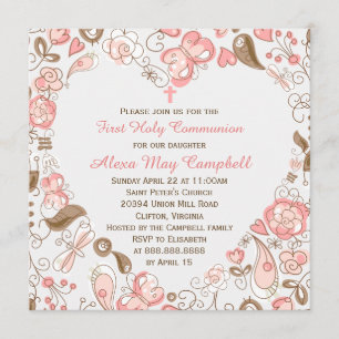 Invitation Communion florale du coeur rose de la fille