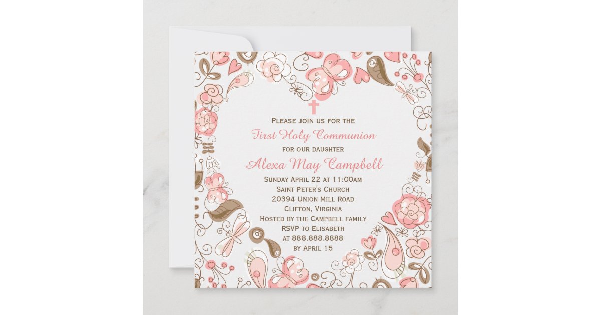 Invitation Communion Florale Du Coeur Rose De La Fille Zazzle Fr