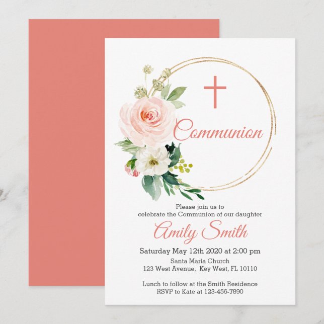 Invitation Communion florale rose (Devant / Derrière)