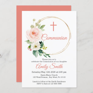 Invitation Communion florale rose