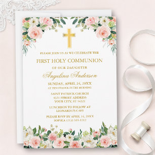 Invitation Communion Florale Rose Blanc Aquarelle Or