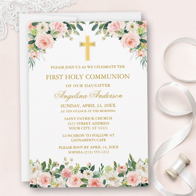 Invitation Communion Florale Rose Blanc Aquarelle Or (Customize to change text size, text style or color.)