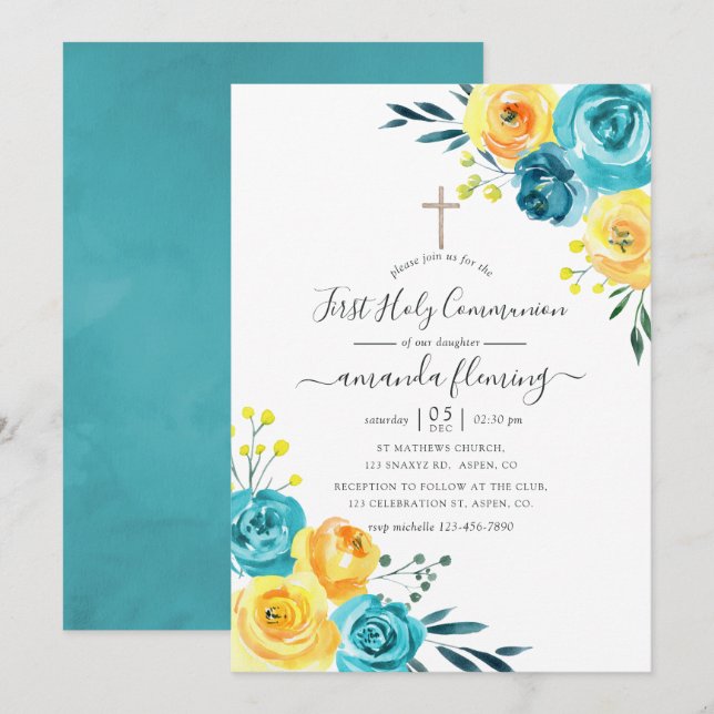 Invitation Communion florale turquoise et jaune (Devant / Derrière)