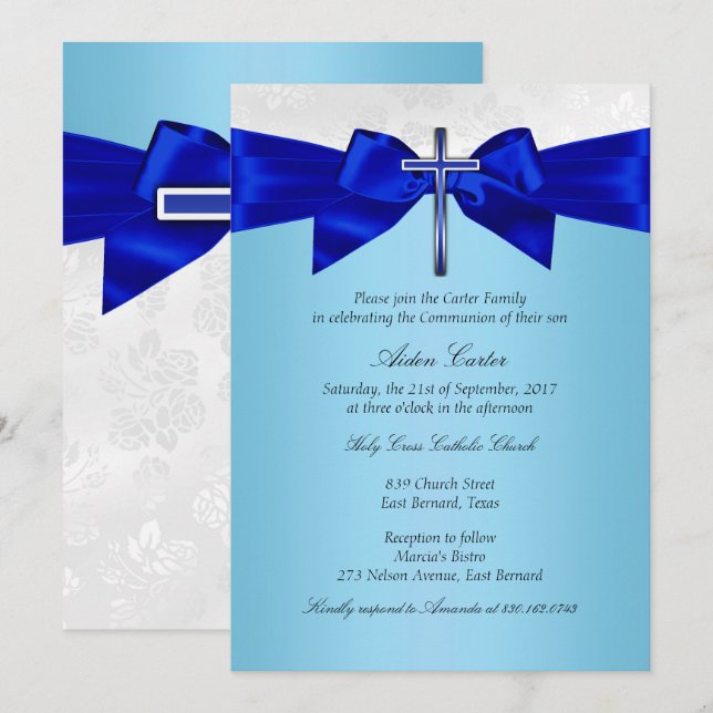 Invitation Communion garçons croix argent bleu royal (Devant / Derrière)