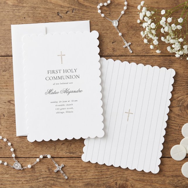 Invitation Communion minimaleiste Croix dorée à bordure festo (Créateur téléchargé)