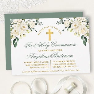 Invitation Communion Or Blanc Aquarelle Vert Sauge Or