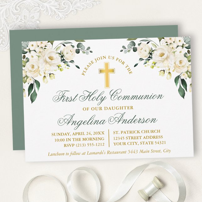 Invitation Communion Or Blanc Aquarelle Vert Sauge Or (Customize to change text color, size, style or to change color of back of card.)