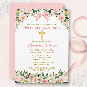 Invitation Communion Or Floral Aquarelle Ruban Rose Doré