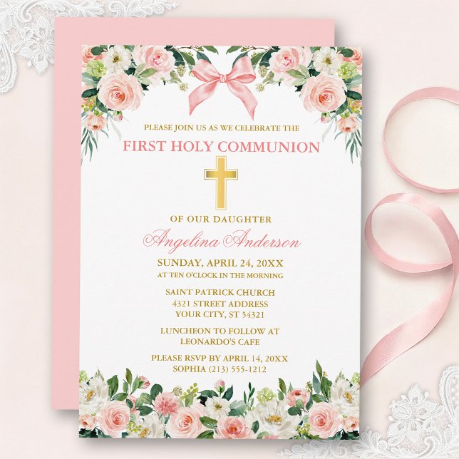 Invitation Communion Or Floral Aquarelle Ruban Rose Doré (Customize to change text color, size, style or to change color of back of card.)