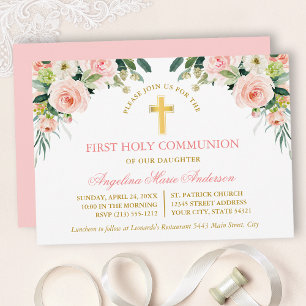 Invitation Communion Or Floral Blanc Rose Aquarelle Or