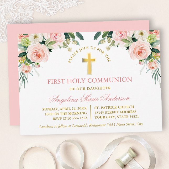 Invitation Communion Or Floral Blanc Rose Aquarelle Or (Customize to change text color, text style or color of back of card.)