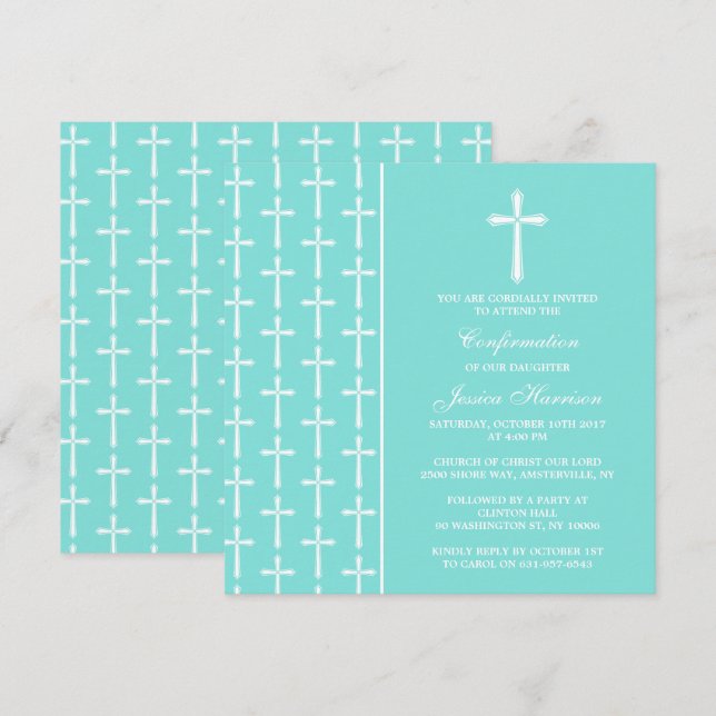 Invitation Communion Ou Confirmation Turquoise Croisée (Devant / Derrière)
