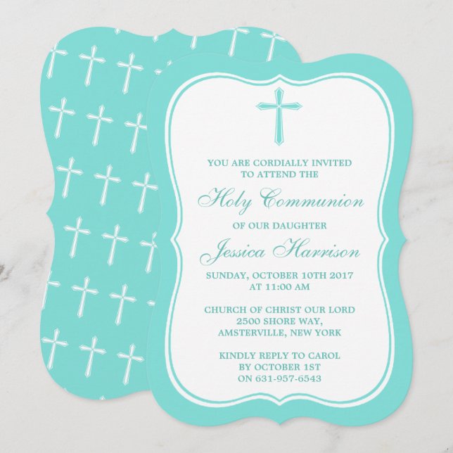 Invitation Communion Ou Confirmation Turquoise Croisée (Devant / Derrière)