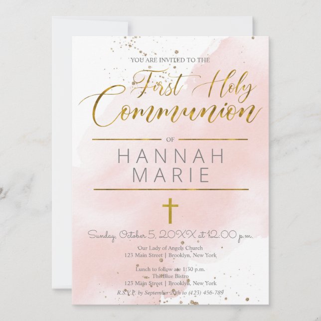 Invitation Communion Pink Aquarelle (Devant)
