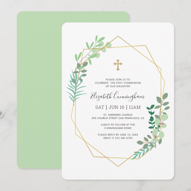 Invitation Communion Pour Sa Croix Géométrique D'Or Du Foliag (Devant / Derrière)