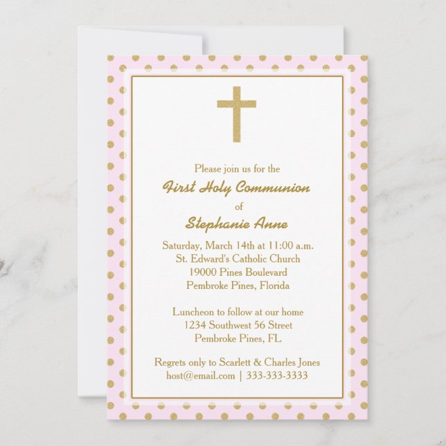 Invitation Communion rose avec Pois d'or (Devant)