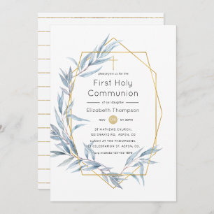 Invitation Communion sainte Eucalyptus Géométrique Bleue et O