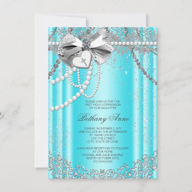 Invitation Communion solennelle bleu sarcelle et perle grise (Devant)