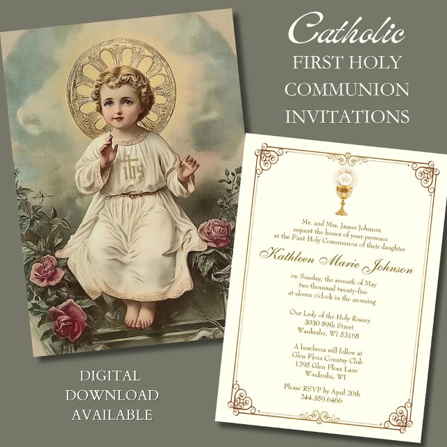 Invitation Communion solennelle catholique Jésus Roses  (Créateur téléchargé)