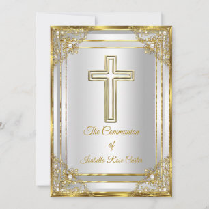 Invitation Communion solennelle croix blanche or perle