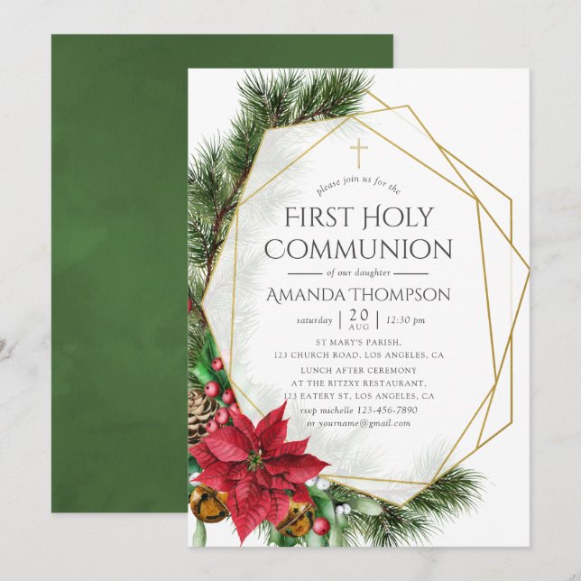 Invitation Communion solennelle de Noël florale géométrique (Devant / Derrière)