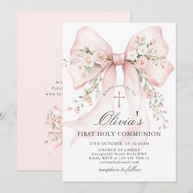 Invitation Communion solennelle élégante rose floral (Devant / Derrière)