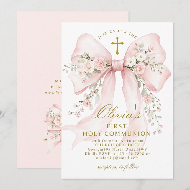 Invitation Communion solennelle élégante rose floral bow (Devant / Derrière)