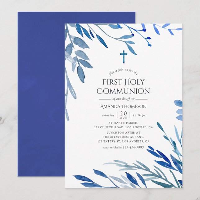 Invitation Communion solennelle feuilles d'indigo marine aqua (Devant / Derrière)