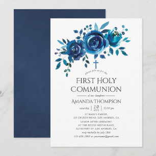 Invitation Communion solennelle fleurs bleue marine et blanch