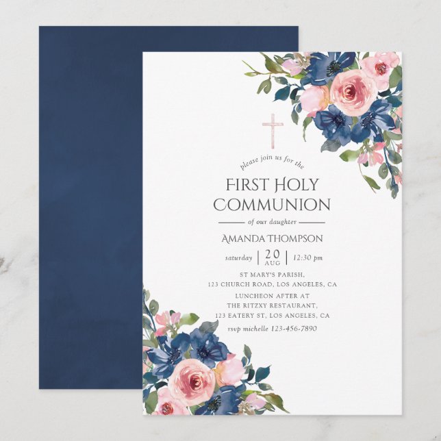 Invitation Communion solennelle Fleurs Navy et Blush Aquarell (Devant / Derrière)