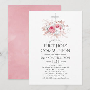 Invitation Communion solennelle Fleurs Rose et Or