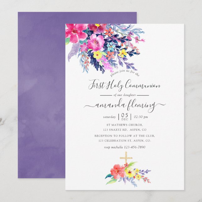 Invitation Communion solennelle florale aquarelle colorée (Devant / Derrière)