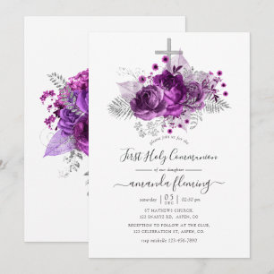 Invitation Communion solennelle florale aquarelle prune et ar