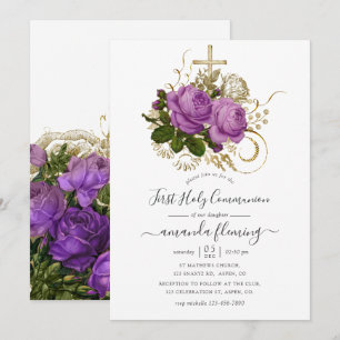Invitation Communion solennelle florale chic vintage or et vi