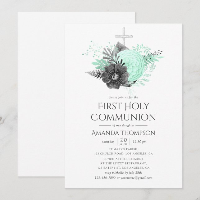 Invitation Communion solennelle florale rustique aqua et char (Devant / Derrière)