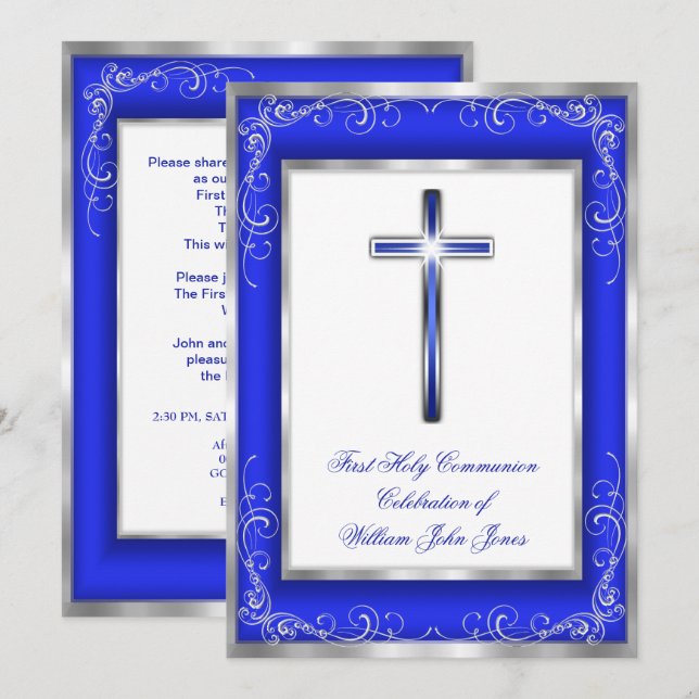 Invitation Communion solennelle garçons croix bleu royal arge (Devant / Derrière)
