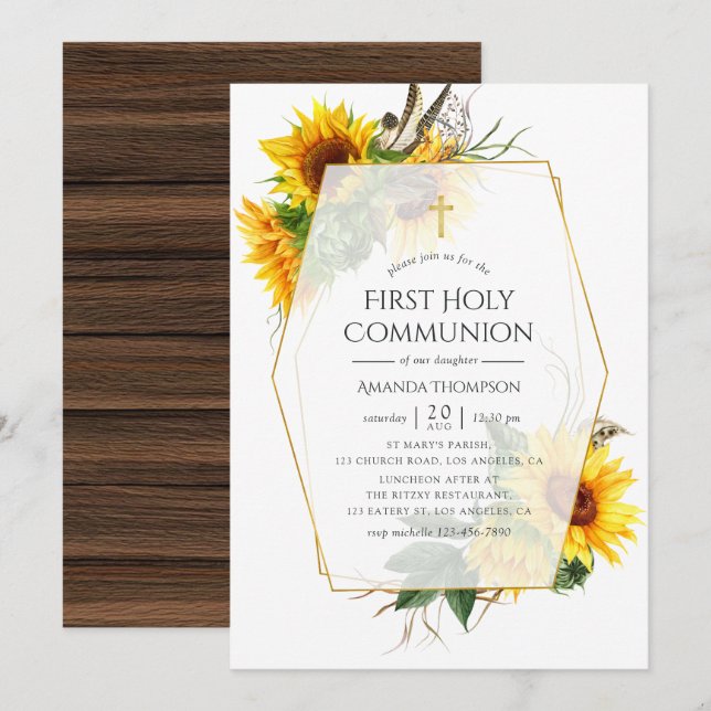 Invitation Communion solennelle géométrique rustique tourneso (Devant / Derrière)