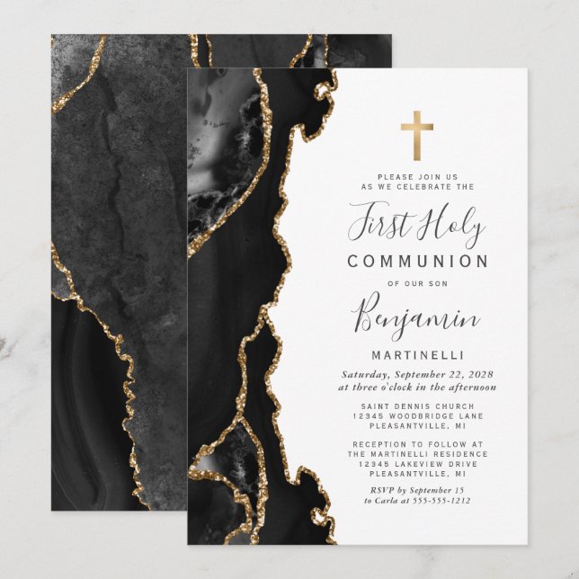 Invitation Communion solennelle paillettes or Agate noire (Devant / Derrière)