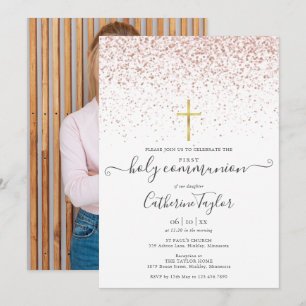 Invitation Communion solennelle photo pailletée or rose