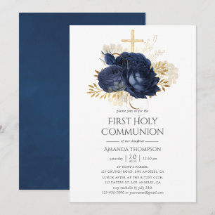 Invitation Communion solennelle roses vintage bleu marine et