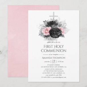 Invitation Communion solennelle roses vintage noir rose et ar