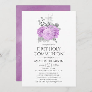 Invitation Communion Vintage pourpre et argent Rose