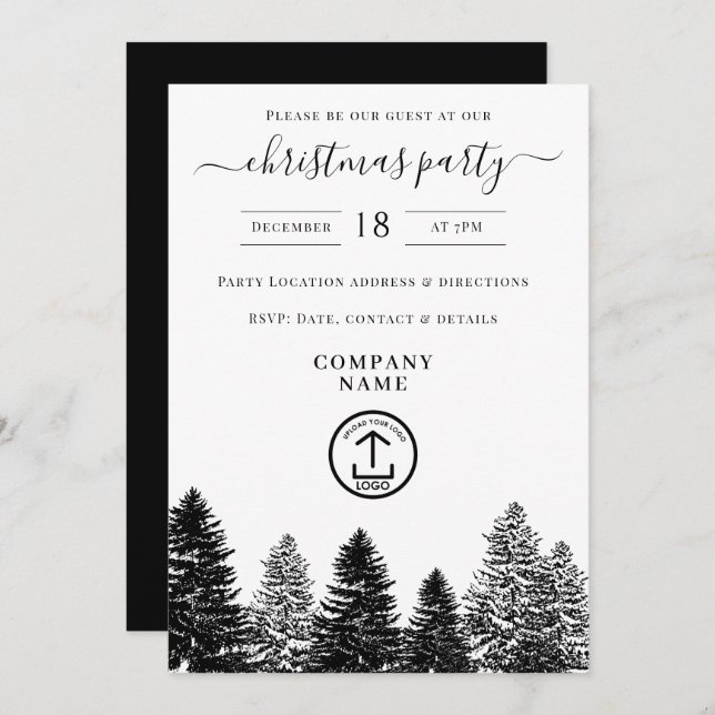 Invitation Company Christmas Party Holiday Black White Pines (Devant / Derrière)