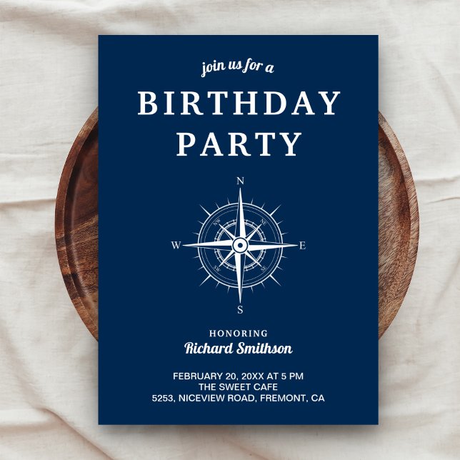 Invitation Compas Marin Bleu Nuit Blanc Élégant pour Annivers (Créateur téléchargé)