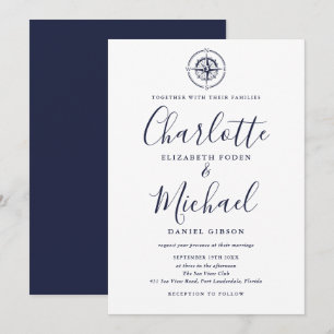 Invitation Compas Nautilus Bleu Marine Mariage Script