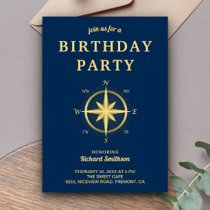 Invitation Compas Nautique Élégant Bleu et Or pour Anniversai