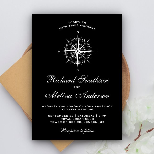 Invitation Compas Nautique Élégant Noir et Blanc pour Mariage (Créateur téléchargé)